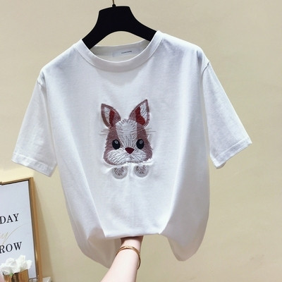 Hétköznapi női póló O-nyakkal és hímzéssel, két színben