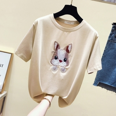 Hétköznapi női póló O-nyakkal és hímzéssel, két színben