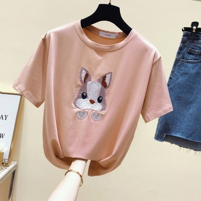 Hétköznapi női póló O-nyakkal és hímzéssel, két színben