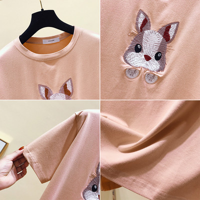 Hétköznapi női póló O-nyakkal és hímzéssel, két színben