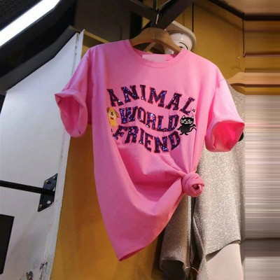 Modern női póló rózsaszín színben hímző elemmel és flitterekkel