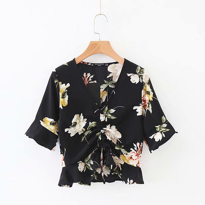 Modern női blúz három színben virágmotívumokkal és V-nyakkal