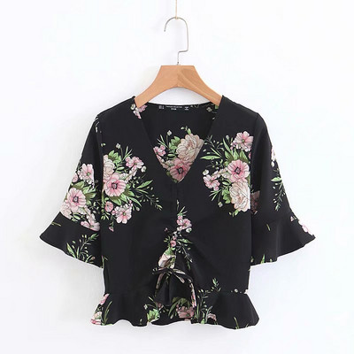 Modern női blúz három színben virágmotívumokkal és V-nyakkal