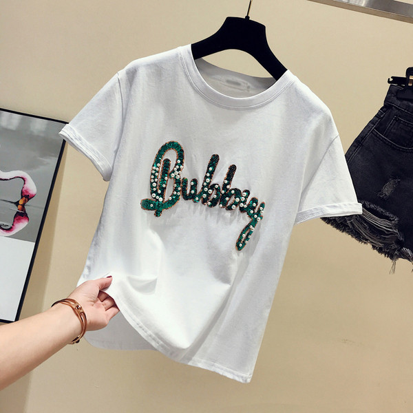 Modern női póló fehér és rózsaszín díszítéssel