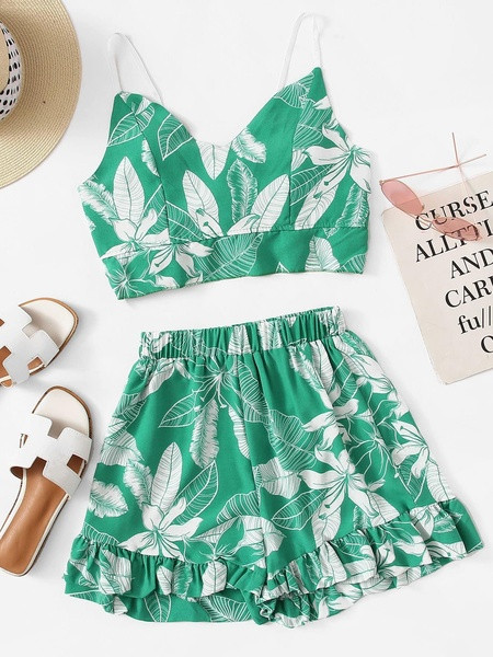 Set modern pentru femei din două părți în verde și galben