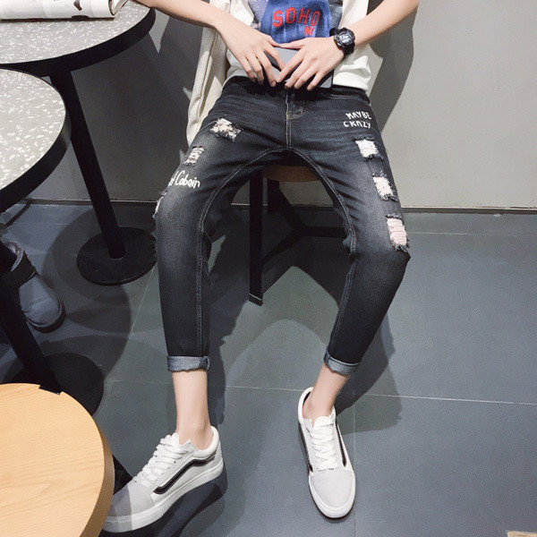 Modern férfi farmer, szakadt motívumokkal, fekete színben