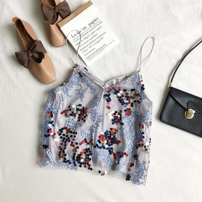 Stílusos női felső, színes flitterekkel és vékony pántokkal