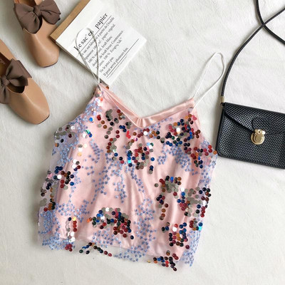 Stílusos női felső, színes flitterekkel és vékony pántokkal