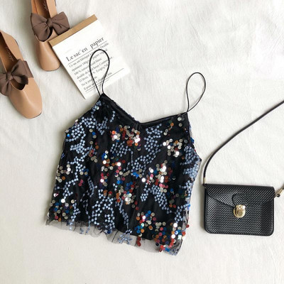 Stílusos női felső, színes flitterekkel és vékony pántokkal