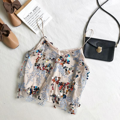 Stílusos női felső, színes flitterekkel és vékony pántokkal
