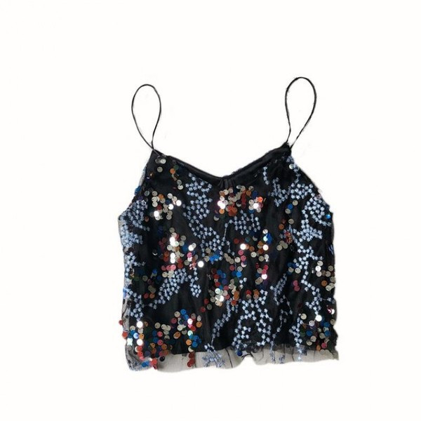 Stílusos női felső, színes flitterekkel és vékony pántokkal