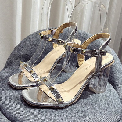 Sandale de dama elegante cu toc inalt si elemente metalice in doua culori