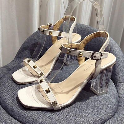 Sandale de dama elegante cu toc inalt si elemente metalice in doua culori