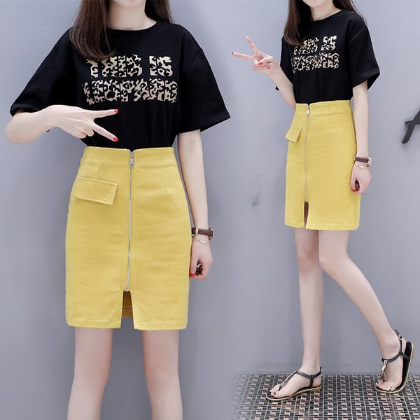 Modern női szoknya sárga és fekete színben, cipzárral