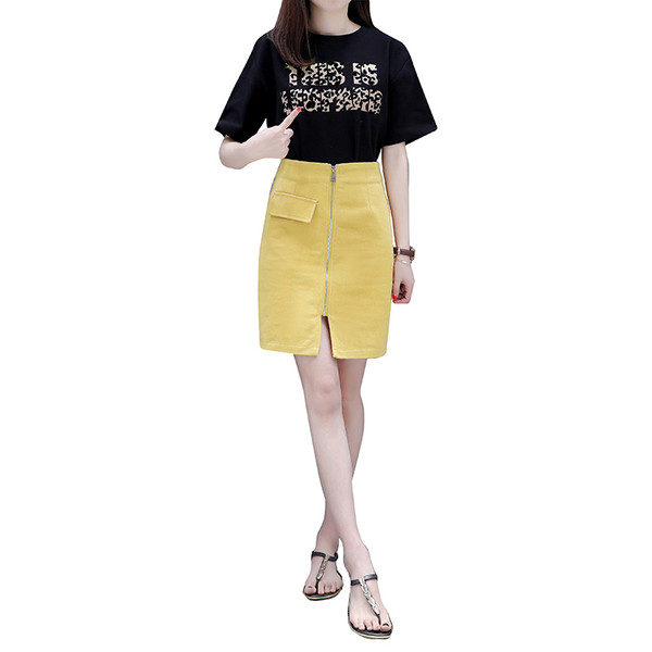 Modern női szoknya sárga és fekete színben, cipzárral
