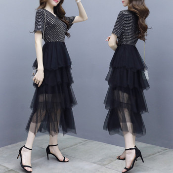 Modern női ruha rövid ujjú, tüll fekete színben