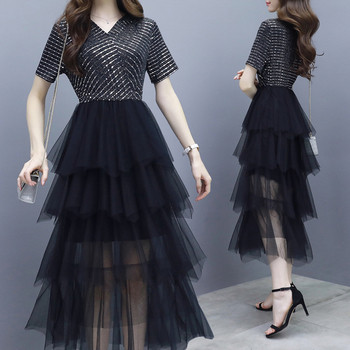 Modern női ruha rövid ujjú, tüll fekete színben