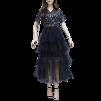 Modern női ruha rövid ujjú, tüll fekete színben