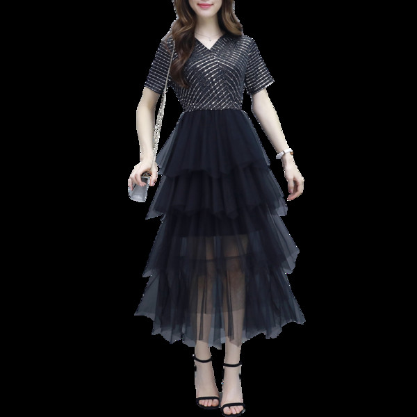 Modern női ruha rövid ujjú, tüll fekete színben