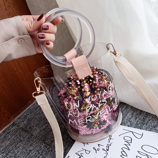 Geanta de dama moderna cu paiete si husa transparenta in mai multe culori