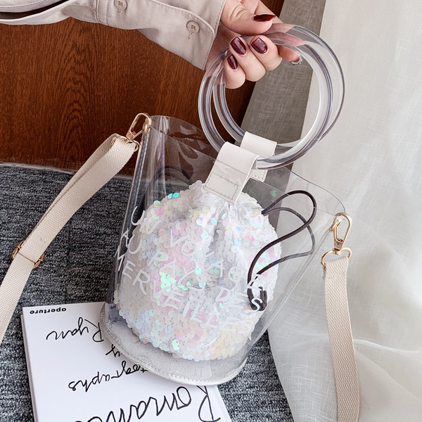 Geanta de dama moderna cu paiete si husa transparenta in mai multe culori