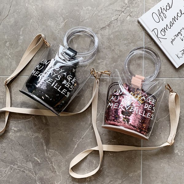 Geanta de dama moderna cu paiete si husa transparenta in mai multe culori