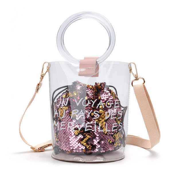 Geanta de dama moderna cu paiete si husa transparenta in mai multe culori