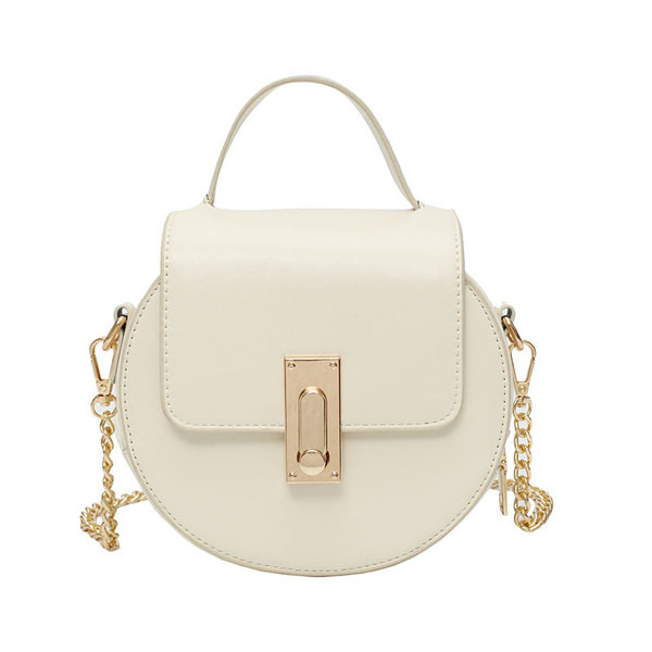 Öko bőrből készült modern női táska kerek formával, hosszú fémlánccal