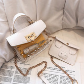 Modern női kétrészes táska átlátszó előlappal és hosszú fémlánccal