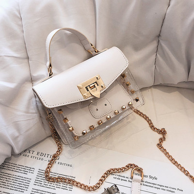 Modern női kétrészes táska átlátszó előlappal és hosszú fémlánccal