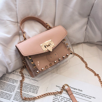 Modern női kétrészes táska átlátszó előlappal és hosszú fémlánccal