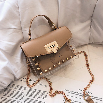 Modern női kétrészes táska átlátszó előlappal és hosszú fémlánccal