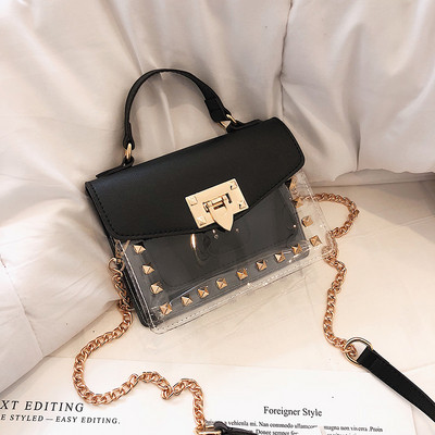 Modern női kétrészes táska átlátszó előlappal és hosszú fémlánccal