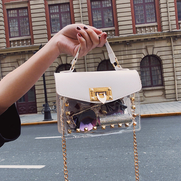 Modern női kétrészes táska átlátszó előlappal és hosszú fémlánccal