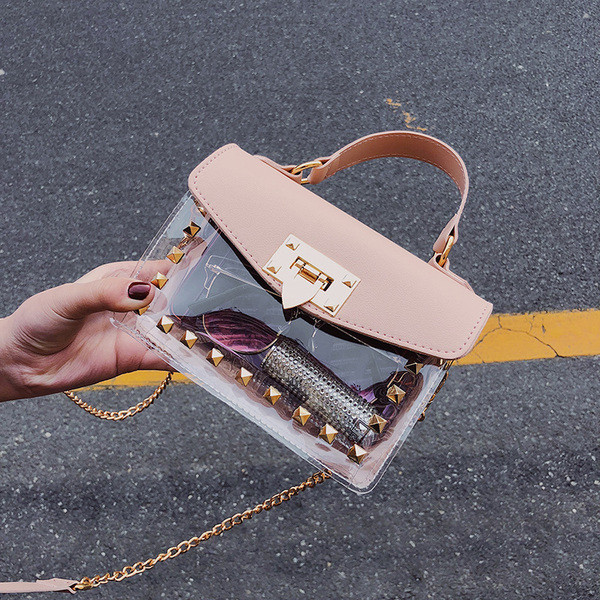Modern női kétrészes táska átlátszó előlappal és hosszú fémlánccal