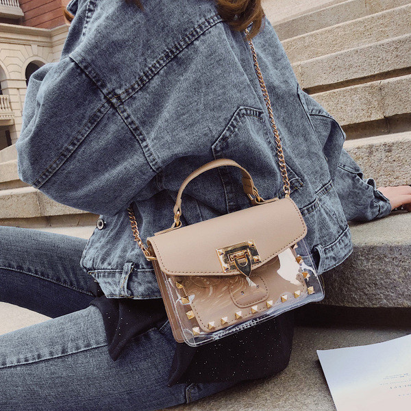 Modern női kétrészes táska átlátszó előlappal és hosszú fémlánccal
