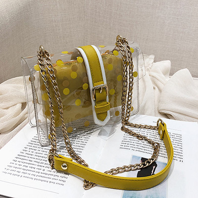Geantă de damă modernă cu husă transparentă în patru culori și lanț metalic lung