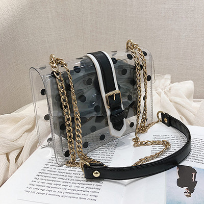 Geantă de damă modernă cu husă transparentă în patru culori și lanț metalic lung