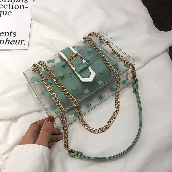 Geantă de damă modernă cu husă transparentă în patru culori și lanț metalic lung