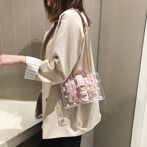 Geantă de damă modernă cu husă transparentă în patru culori și lanț metalic lung