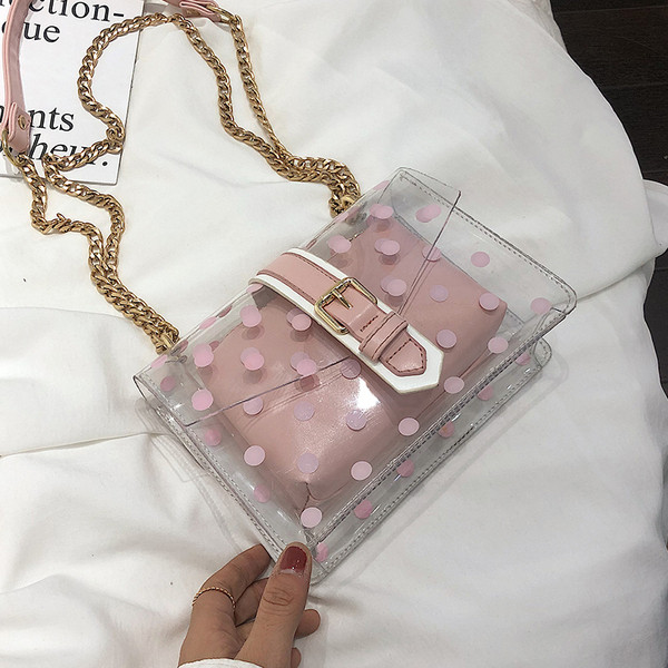 Geantă de damă modernă cu husă transparentă în patru culori și lanț metalic lung