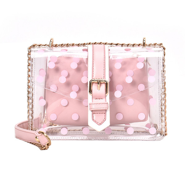 Geantă de damă modernă cu husă transparentă în patru culori și lanț metalic lung