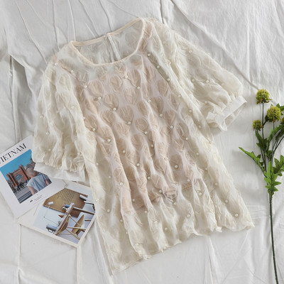 Stílusos női blúz rövid ujjal és gyöngyökkel több színben