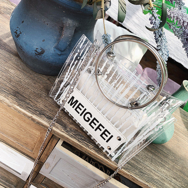 Modern női táska átlátszó huzattal és három színben, rövid és hosszú fém fogantyúval