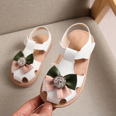 Sandale moderne pentru copii in alb si roz cu panglica si pietre