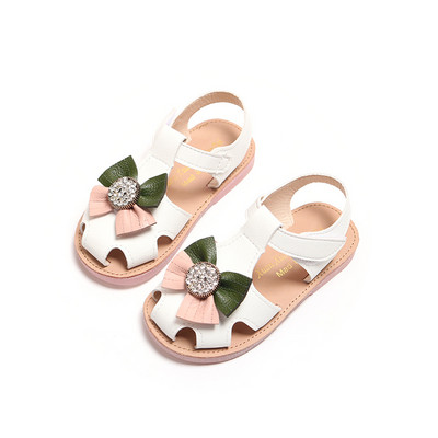 Sandale moderne pentru copii in alb si roz cu panglica si pietre