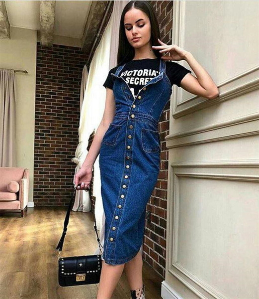 Modern női farmer ruha pántokkal