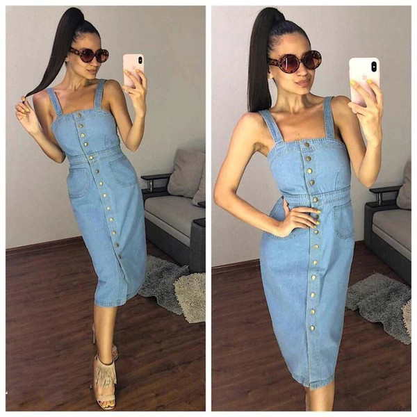 Modern női farmer ruha pántokkal