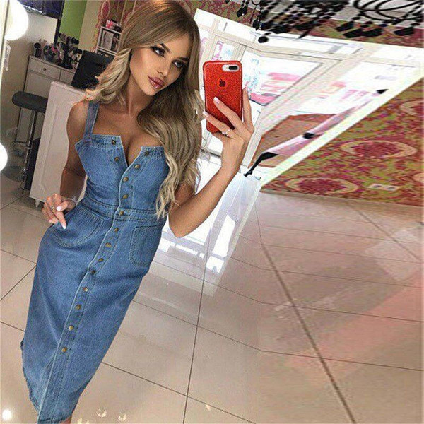 Modern női farmer ruha pántokkal