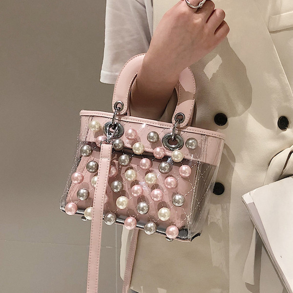 Modern női táska gyöngyökkel és átlátszó huzattal három színben, rövid és hosszú fogantyúval